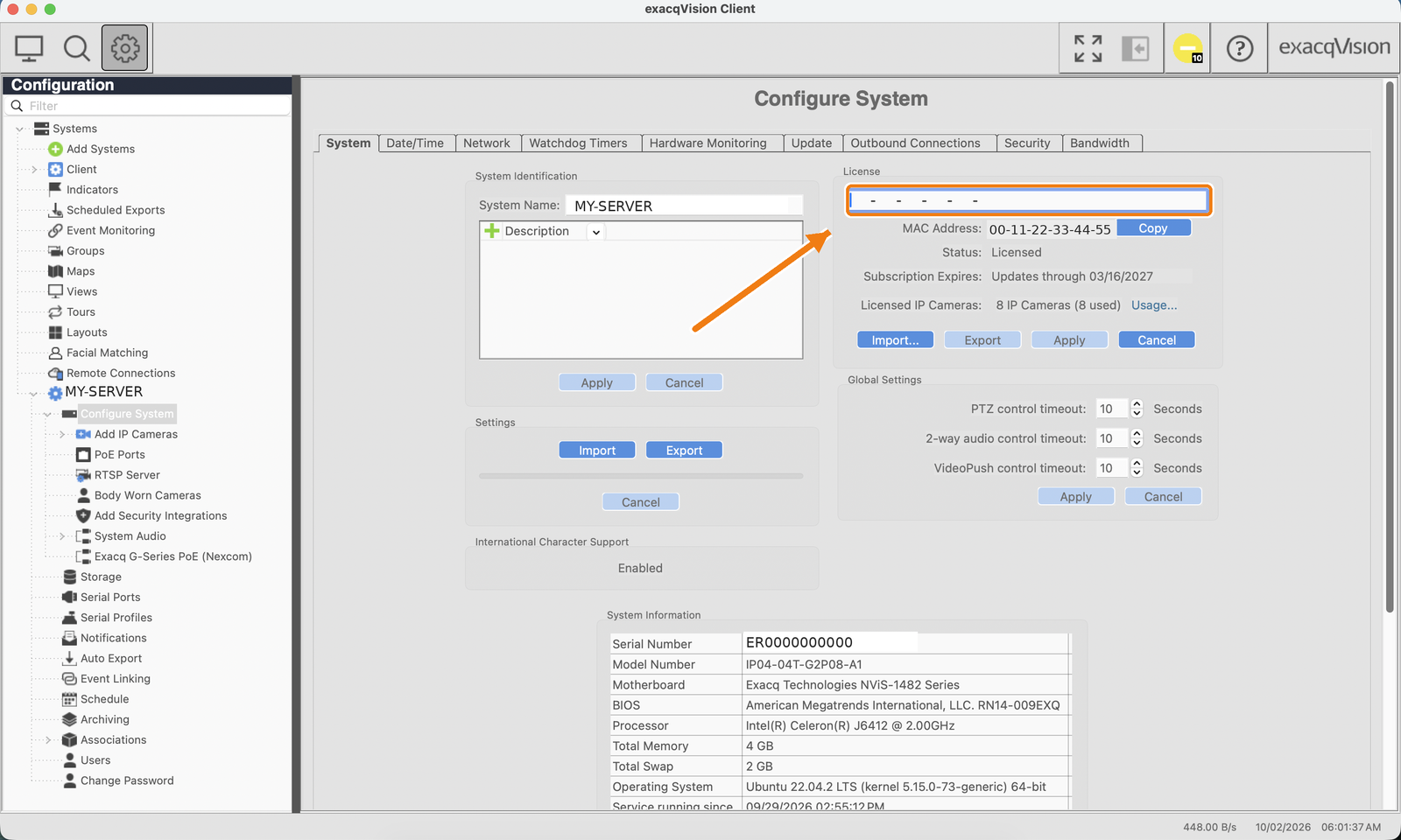 exacqVision Client - System tab with the empty license field highlighted where the license key is pasted
