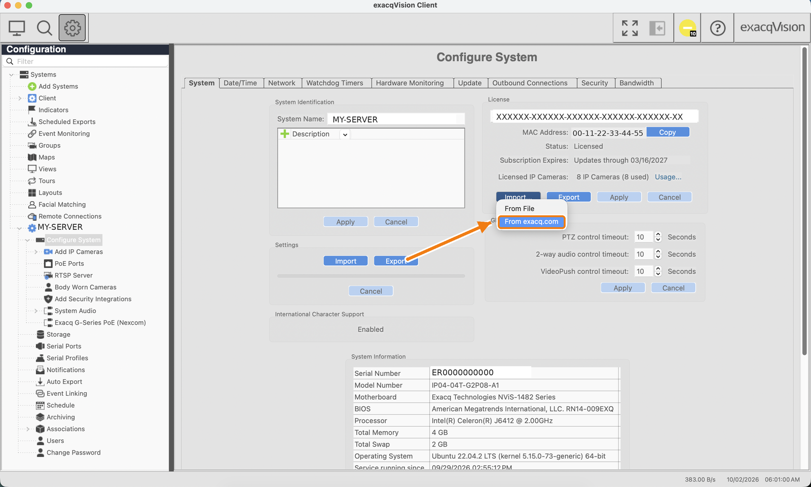 exacqVision Client - Import menu opened with the From exacq.com option highlighted