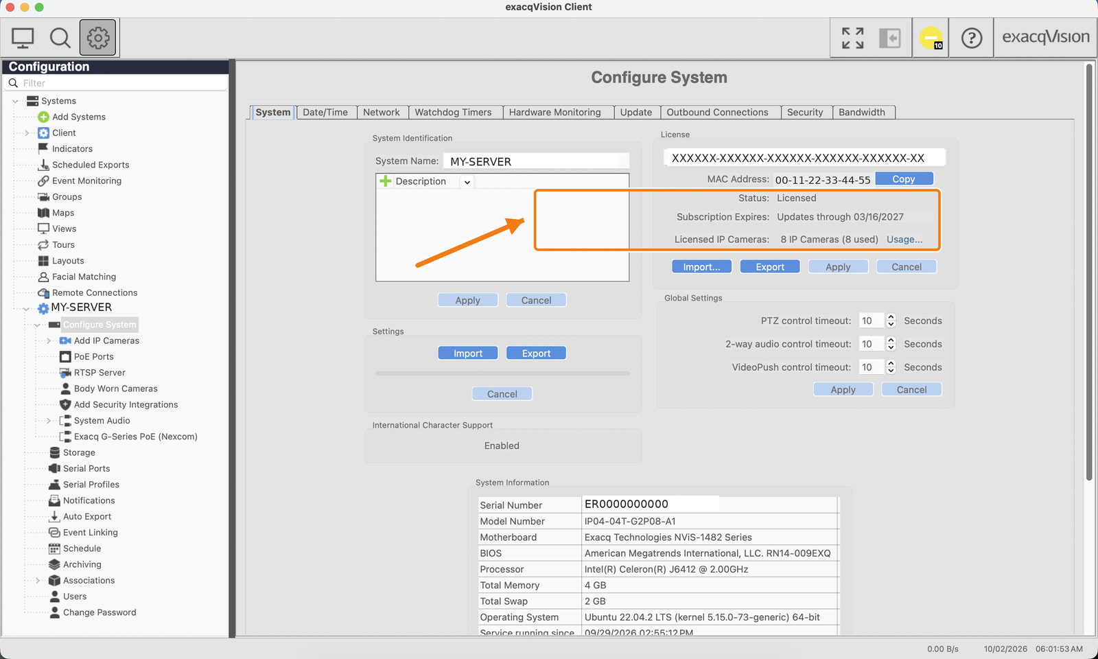 exacqVision Client - License section showing Status Licensed, subscription expiry and licensed IP camera count