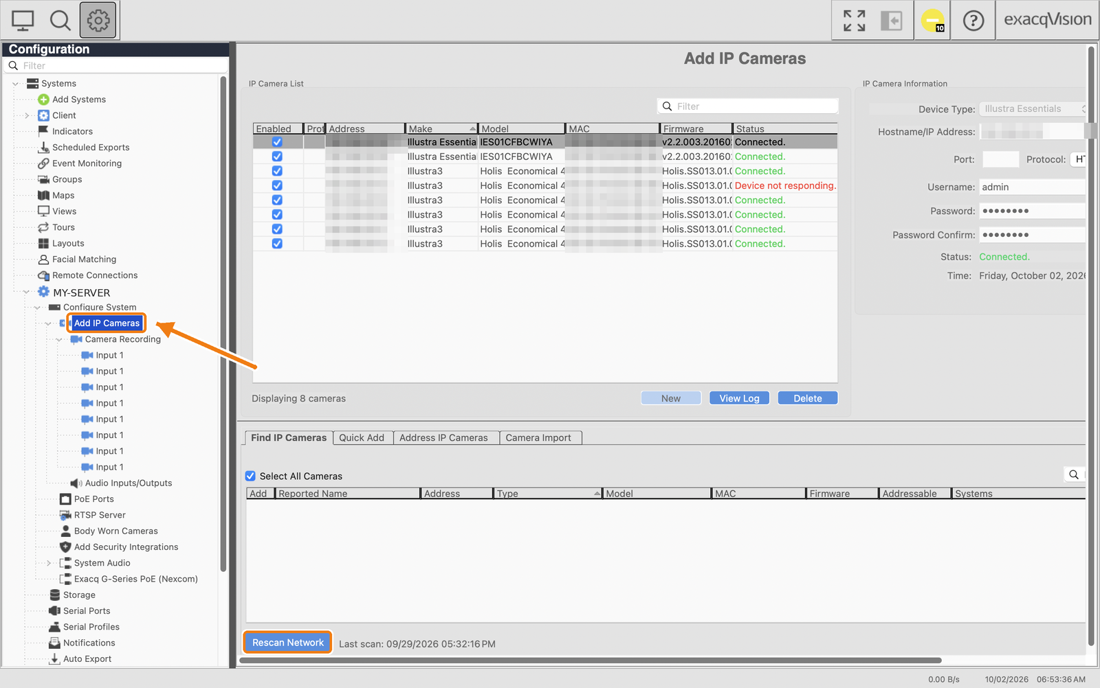 exacqVision Client - Add IP Cameras page with the camera list and Rescan Network button highlighted