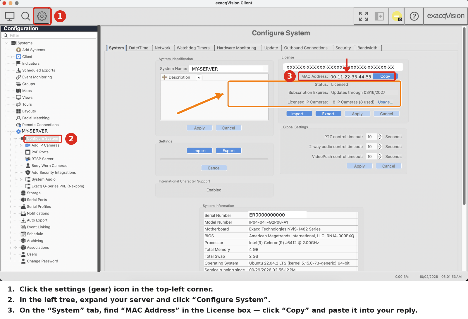 How to find the exacqVision server MAC address: settings gear icon, Configure System in the navigation tree, and the MAC Address field with Copy button in the License section